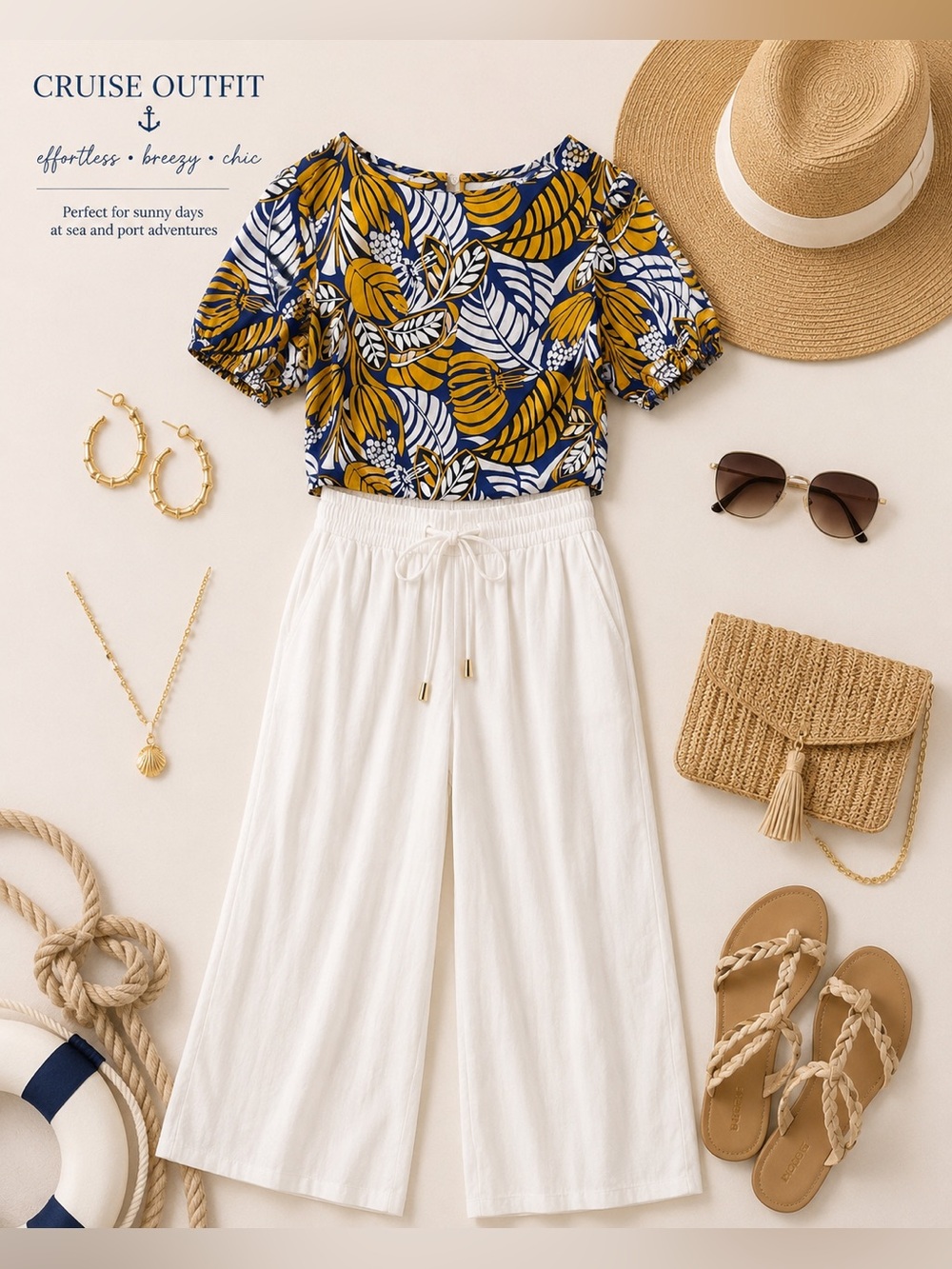 Talbots Short Sleeve Leaf-Print Blouse in Yellow and Navy
